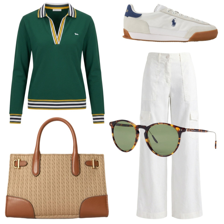 Outfit donna - Sabato di shopping. Stile Casual per Tutti i giorni. Abbinamento con polo, pantaloni cargo, occhiali da sole, sneakers, borse tote.