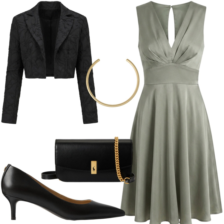 Outfit donna - Abito drappeggiato. Stile Casual per Cerimonia. Abbinamento con vestiti senza maniche, bolero, clutch, décolleté, collane.