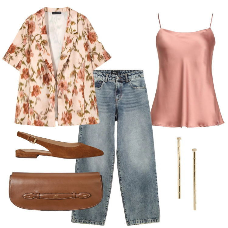 Outfit donna - Stile bon ton per il lavoro. Stile Bon Ton per Ufficio. Abbinamento con top, jeans dritti, blazer, clutch, ballerine, orecchini.
