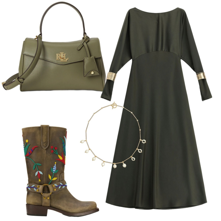 Outfit donna - Il texano ricamato. Stile Etnico per Ufficio. Abbinamento con vestiti lunghi, collane, borse a mano, stivali.