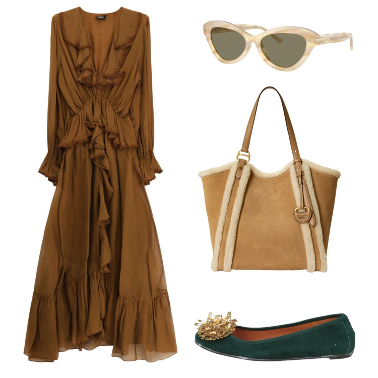 Outfit donna - Abito fluttuante e ballerine gioiello. Stile Bon Ton per Ufficio. Abbinamento con ballerine, vestiti midi/longuette, occhiali da sole, borse tote.