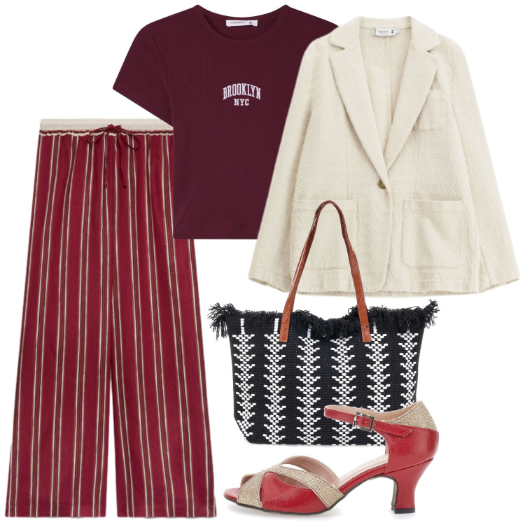 Outfit donna - Back to Office Chic. Stile Chic per Ufficio. Abbinamento con t-shirt, blazer, pantaloni, décolleté, borse tote.