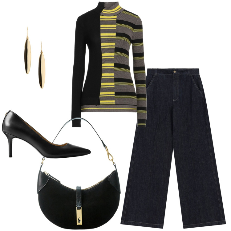 Outfit donna - Il lupetto multicolore. Stile Trendy per Serata fuori. Abbinamento con maglieria, pantaloni a palazzo, borse a spalla, décolleté, orecchini.