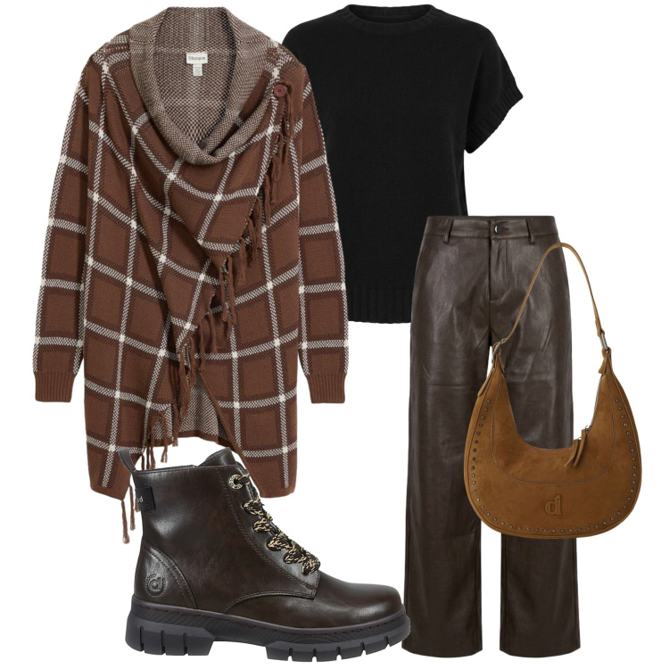 Outfit donna - Voglia di autunno. Stile Casual chic per Tutti i giorni. Abbinamento con cardigans, borse a spalla, pantaloni a palazzo, maglieria, anfibi.