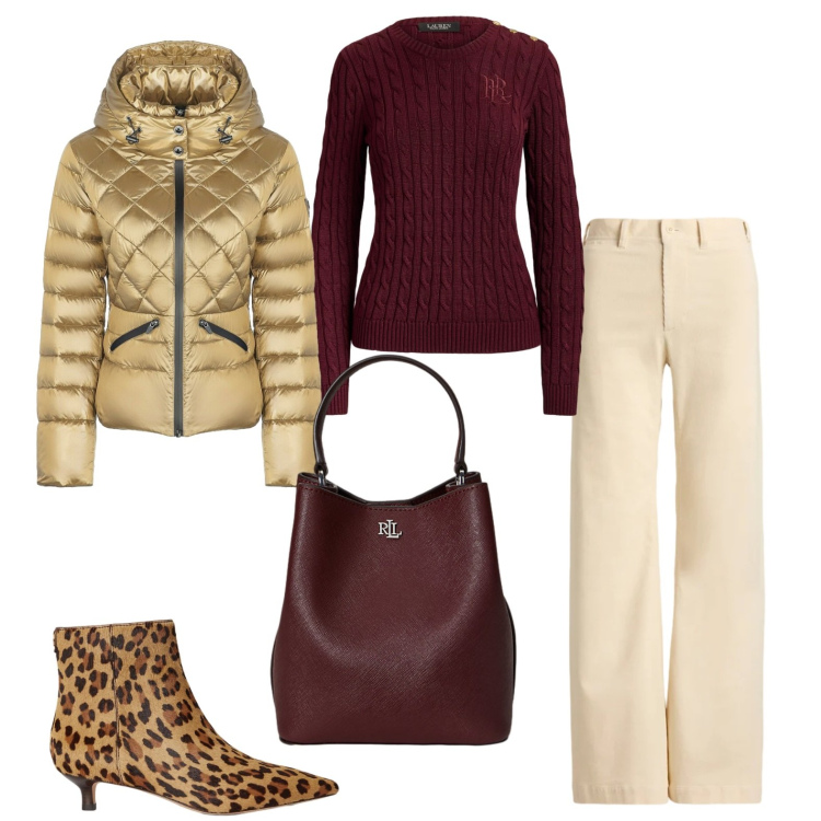 Outfit donna - Contrasto di colori. Stile Trendy per Serata fuori. Abbinamento con piumini, pantaloni, borse a secchiello, stivaletti, maglieria.