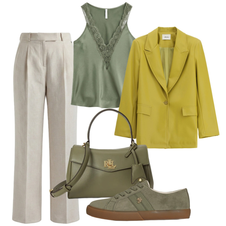 Outfit donna - Back to Office. Stile Mannish per Ufficio. Abbinamento con pantaloni, canottiere, blazer, sneakers, borse a mano.