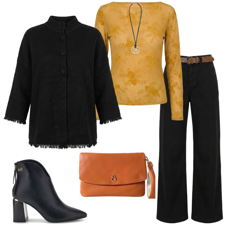 Outfit donna - Outfit autunnale. Stile Casual chic per Ufficio. Abbinamento con ciondoli, pochette, cardigans, pantaloni, t-shirt, stivaletti.