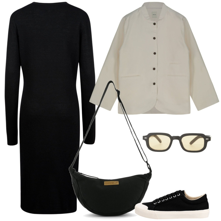 Outfit donna - Doppleganger. Stile Casual per Scuola/Università. Abbinamento con occhiali da sole, vestiti midi/longuette, giacche, sneakers, borse a tracolla.