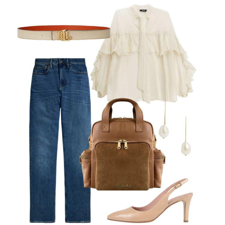 Outfit donna - Denim e colori neutri - @laurafo. Stile Chic per Ufficio. Abbinamento con décolleté, bluse, zaini, cinture, jeans dritti, orecchini.