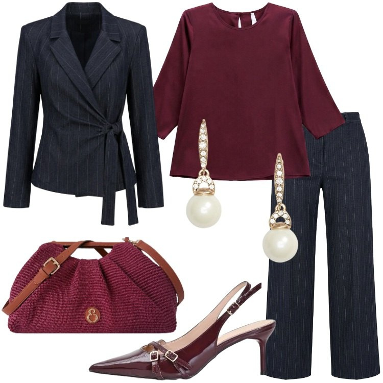 Outfit donna - Fall Collections. Stile Casual chic per Serata fuori. Abbinamento con bluse, décolleté, clutch, pantaloni a palazzo, blazer, orecchini.