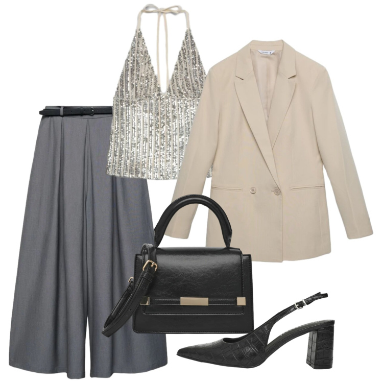 Outfit donna - Reality is calling. Stile Chic per Serata fuori. Abbinamento con pantaloni, top, blazer, décolleté, borse a spalla.
