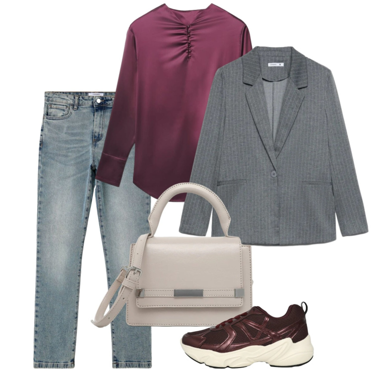 Outfit donna - Reality is calling. Stile Casual chic per Ufficio. Abbinamento con sneakers, jeans slim fit, borse a tracolla, blazer, bluse.