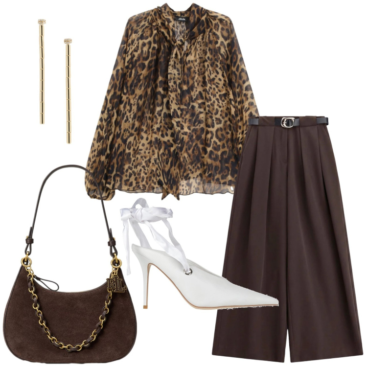 Outfit donna - Aperitivo con le amiche. Stile Glamour per Serata fuori. Abbinamento con décolleté, pantaloni a palazzo, bluse, borse a spalla, orecchini.