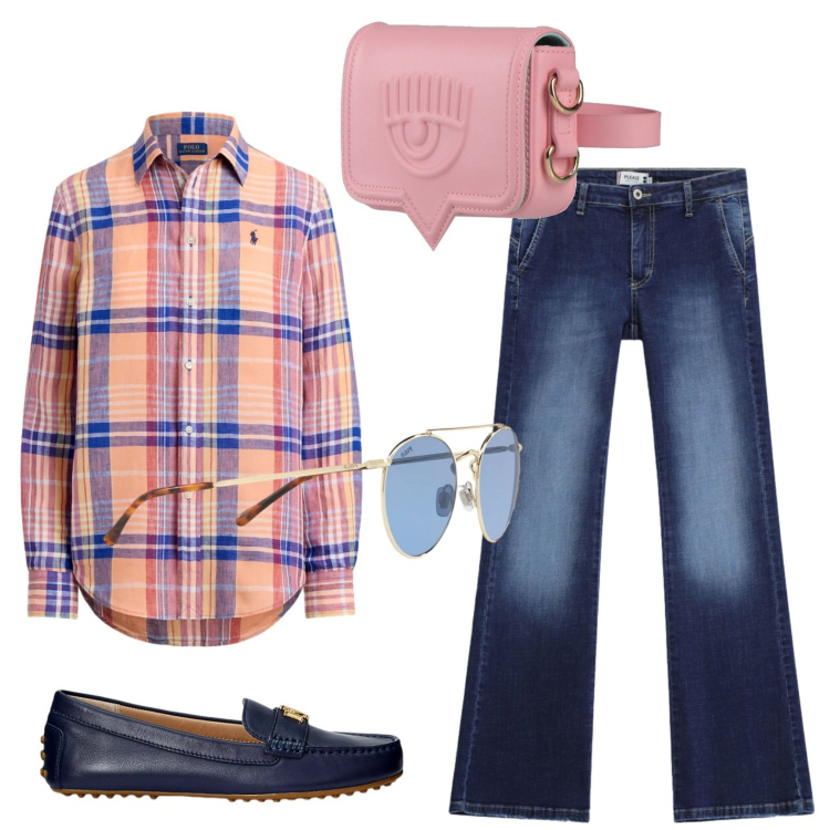 Outfit donna - Il mocassino blu super comodo. Stile Basic per Tutti i giorni. Abbinamento con marsupi, jeans, camicie, mocassini, occhiali da sole.