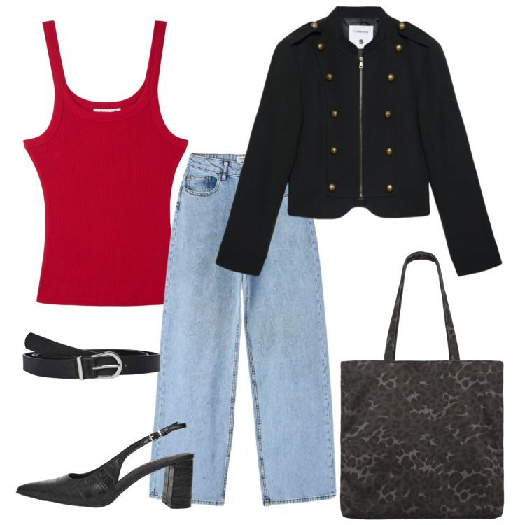 Outfit donna - Total look #2465524. Stile Casual chic per Tutti i giorni. Abbinamento con cinture, canottiere, jeans, shopping bag, décolleté, blazer.