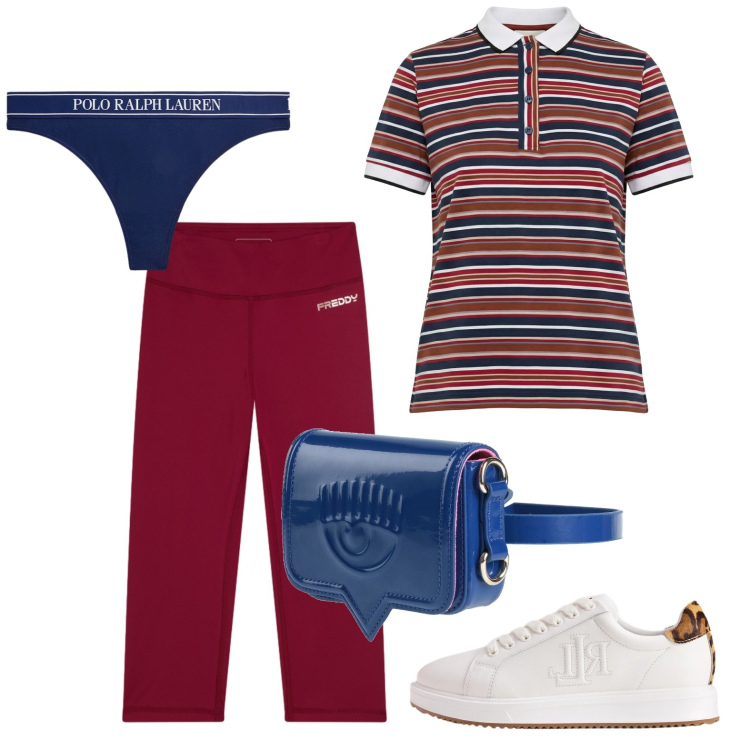 Outfit donna - Modalità weekend. Stile Basic per Tutti i giorni. Abbinamento con marsupi, polo, leggings, perizomi, sneakers.
