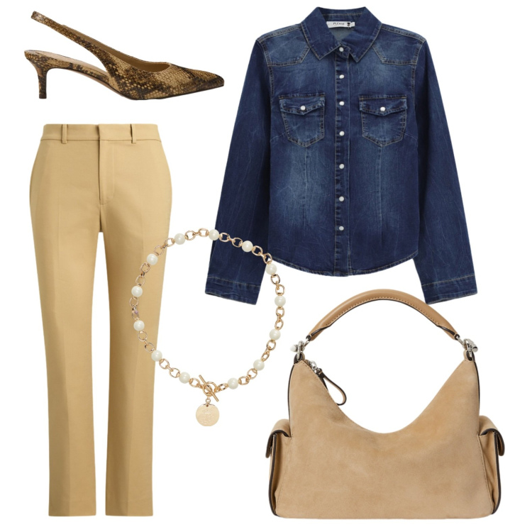 Outfit donna - Al lavoro con la camicia di jeans. Stile Basic per Ufficio. Abbinamento con camicie, collane, décolleté, borse a spalla, pantaloni.