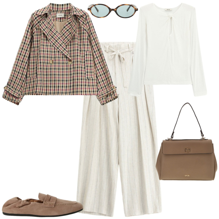 Outfit donna - Casual chic ufficio tempo libero. Stile Casual chic per Tutti i giorni. Abbinamento con occhiali da sole, pantaloni a palazzo, top, giacche, mocassini, borse a tracolla.