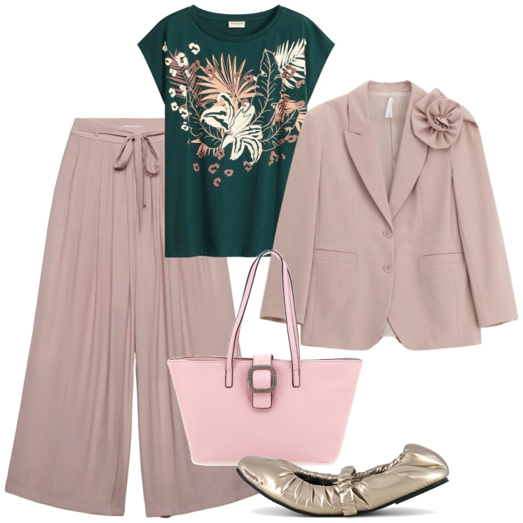 Outfit donna - Pink september. Stile Bon Ton per Tutti i giorni. Abbinamento con t-shirt, blazer, pantaloni, borse a spalla, ballerine.