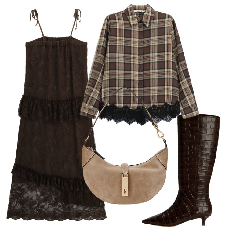 Outfit donna - Camicia sopra l\'abito sottoveste. Stile Trendy per Serata fuori. Abbinamento con vestiti lunghi, camicie, borse a spalla, stivali.