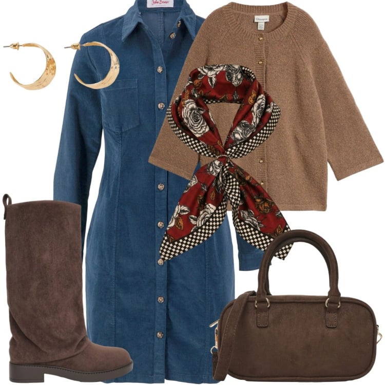 Outfit donna - Chemisier midi. Stile Urban per Tutti i giorni. Abbinamento con vestiti, orecchini, cardigans, borse a tracolla, stivali, foulard.
