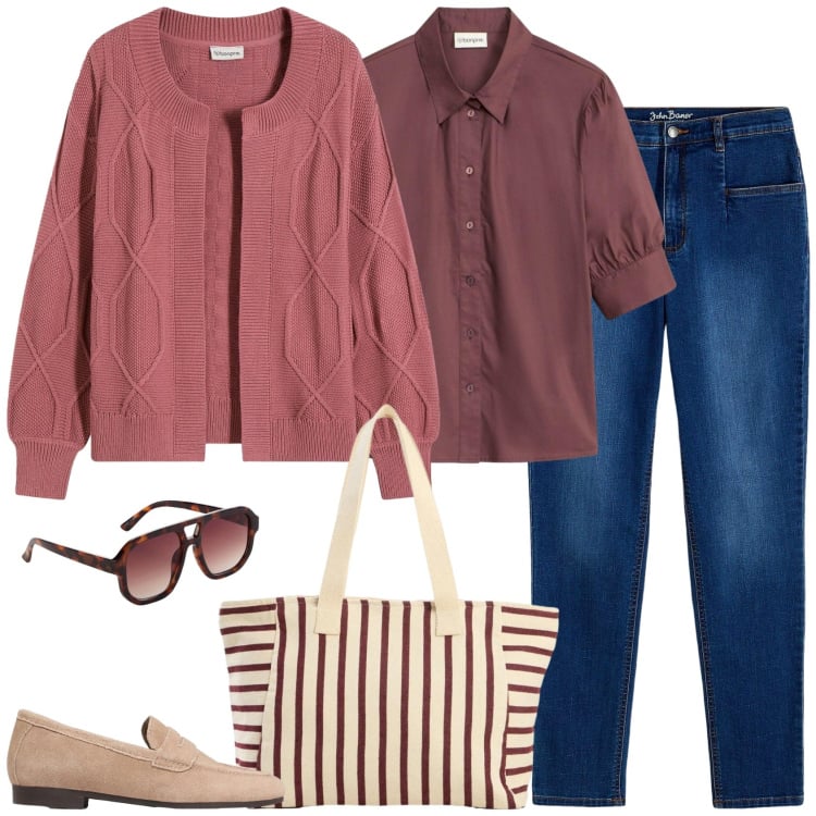 Outfit donna - Al mercato. Stile Casual per Tutti i giorni. Abbinamento con cardigans, jeans mom, bluse, occhiali da sole, mocassini, shopping bag.