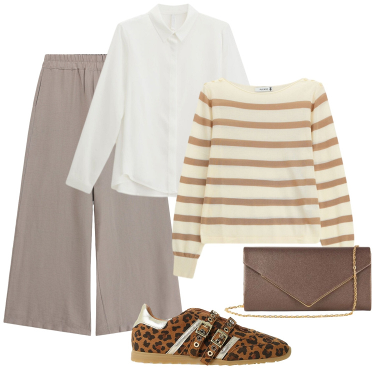 Outfit donna - Versatile. Stile Casual chic per Scuola/Università. Abbinamento con pantaloni, camicie, sneakers, clutch, maglieria.