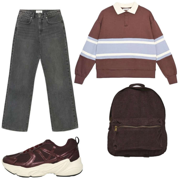 Outfit donna - Reality Is calling. Stile Sporty chic per Scuola/Università. Abbinamento con felpe, sneakers, jeans dritti, zaini.