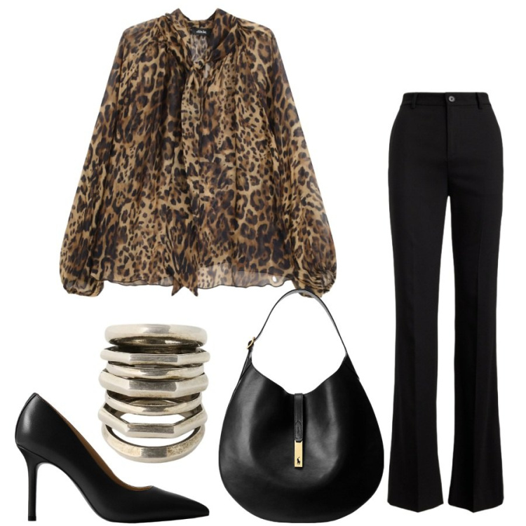 Outfit donna - Total look #2465543. Stile Casual chic per Tutti i giorni. Abbinamento con bluse, borse a spalla, décolleté, pantaloni, anelli.