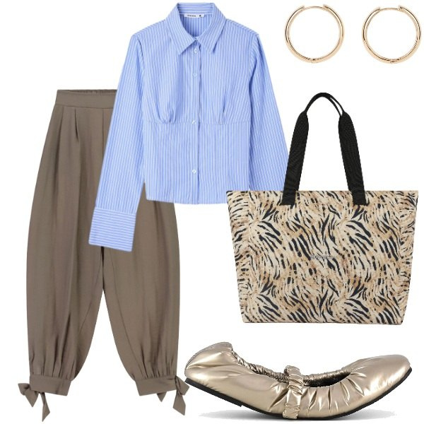 Outfit donna - Settembre. Stile Casual per Tutti i giorni. Abbinamento con orecchini, pantaloni, camicie, shopping bag, ballerine.