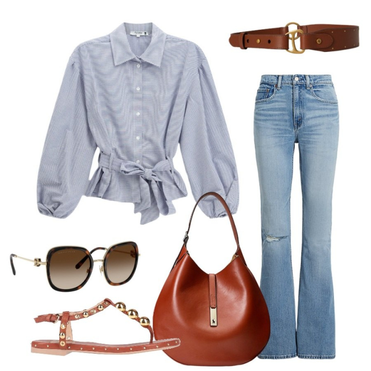 Outfit donna - Total look #2465549. Stile Casual chic per Tutti i giorni. Abbinamento con infradito, camicie, jeans, borse a spalla, occhiali da sole, cinture.