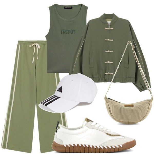 Outfit donna - Domenica al parco. Stile Casual per Tutti i giorni. Abbinamento con pantaloni a palazzo, bomber, top, sneakers, borse a tracolla, cappelli con visiera.