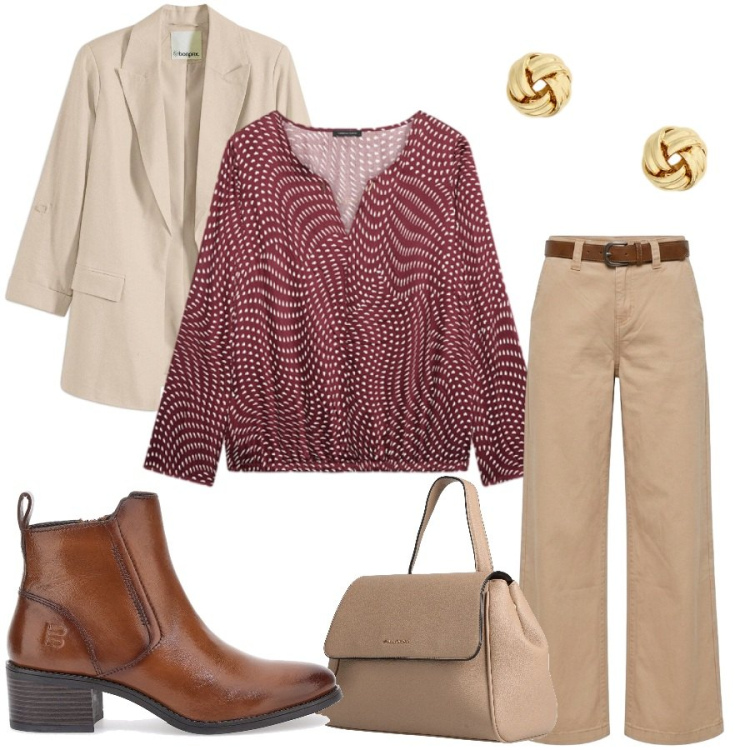 Outfit donna - Total look #2465553. Stile Casual chic per Tutti i giorni. Abbinamento con zaini, blazer, bluse, pantaloni, orecchini, stivaletti.