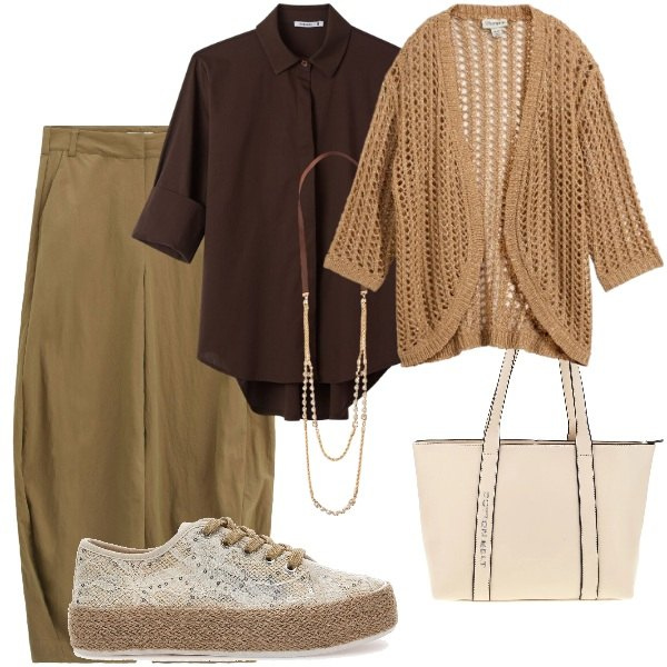 Outfit donna - Serate di settembre. Stile Casual chic per Tutti i giorni. Abbinamento con cardigans, pantaloni, camicie, collane, sneakers, shopping bag.