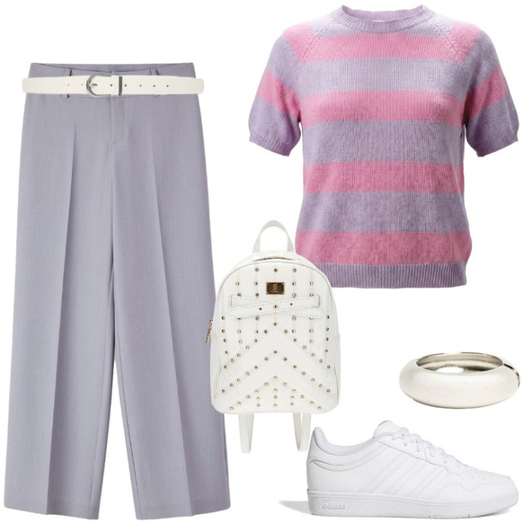 Outfit donna - Un look fresco, luminoso e delicato. Stile Chic per Scuola/Università. Abbinamento con pantaloni, cinture, maglieria, braccialetti, zaini, sneakers.