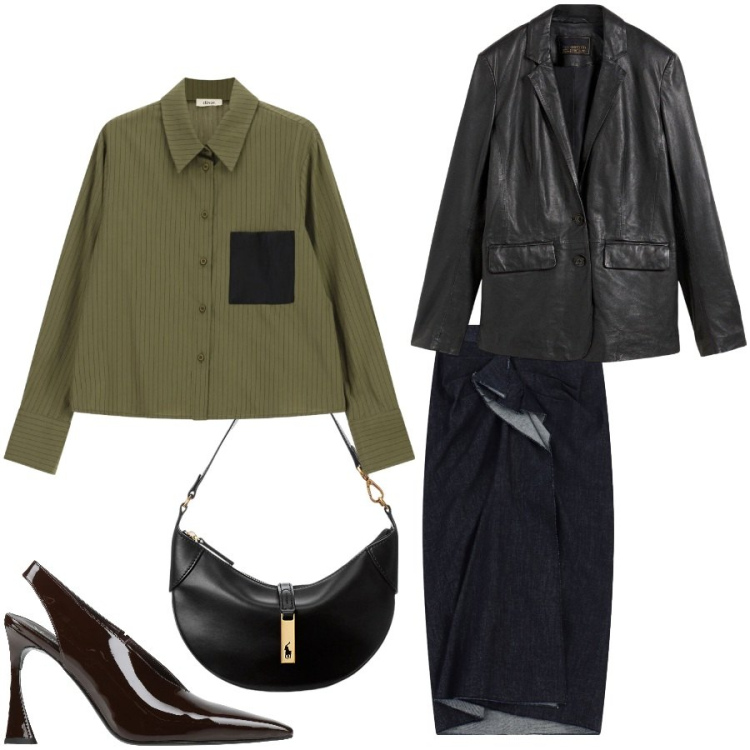 Outfit donna - Total look #2465557. Stile Casual chic per Serata fuori. Abbinamento con décolleté, blazer, gonne longuette, camicie, borse a spalla.