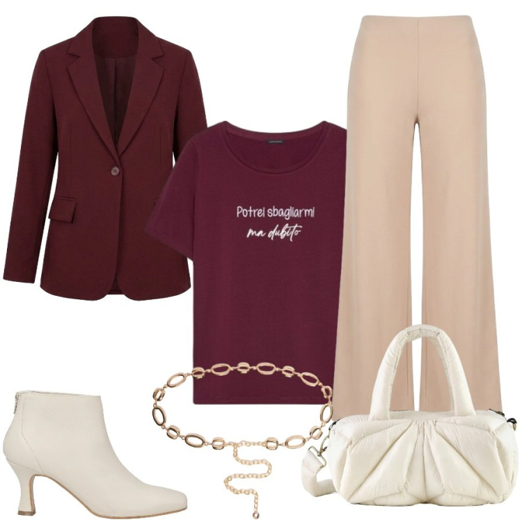 Outfit donna - Total look #2465560. Stile Casual chic per Tutti i giorni. Abbinamento con stivaletti, t-shirt, cinture, borse a mano, pantaloni a palazzo, blazer.