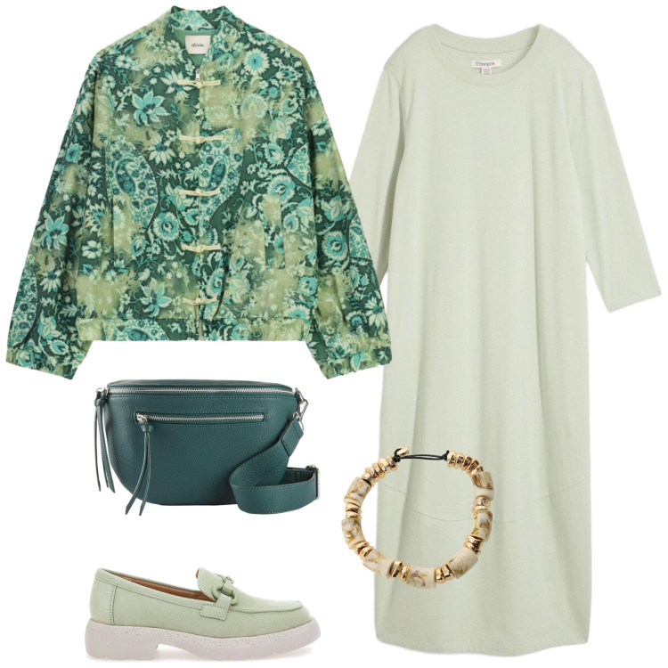 Outfit donna - Sfumature di verde. Stile Casual per Tutti i giorni. Abbinamento con marsupi, vestiti, bomber, braccialetti, mocassini.