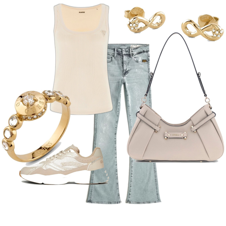 Outfit mujer - Urban style. Estilo Urban para Todos los días. Combinación con vaqueros, sneakers, camisetas sin mangas, pendientes, bandoleras, anillos.