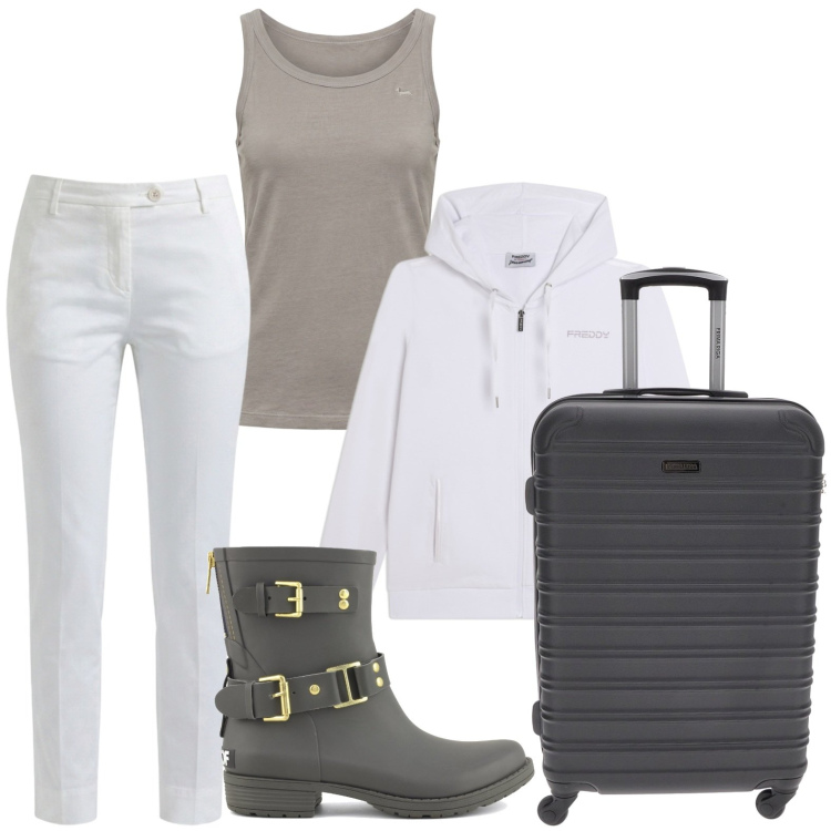 Outfit donna - Weekend trendy. Stile Casual per Tutti i giorni. Abbinamento con canottiere, pantaloni, felpe con cappuccio, stivali, valigie.