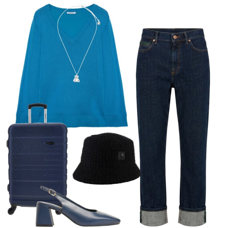 Outfit donna - Total look #2465571. Stile Casual chic per Tutti i giorni. Abbinamento con décolleté, jeans dritti, ciondoli, maglieria, cappelli, valigie.