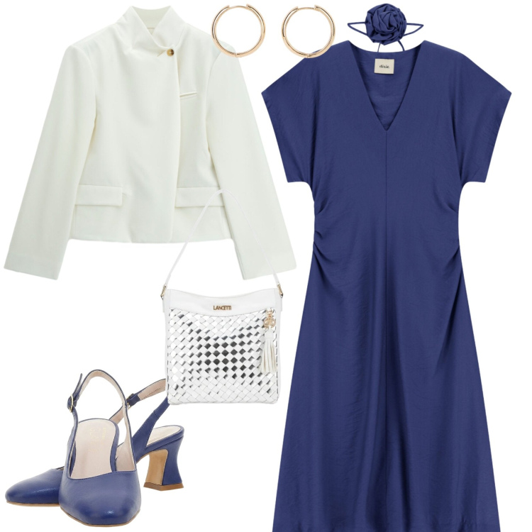 Outfit donna - Chic ufficio tempo libero. Stile Chic per Tutti i giorni. Abbinamento con orecchini, vestiti lunghi, blazer, décolleté, borse a spalla.