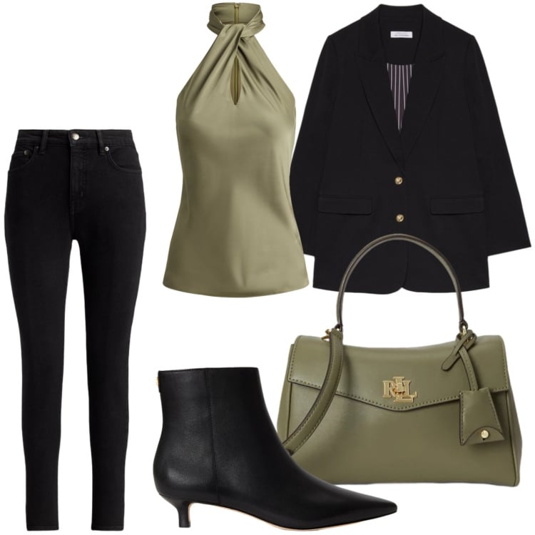 Outfit donna - Blusa halter. Stile Casual per Tutti i giorni. Abbinamento con blazer, bluse, stivaletti, borse a mano, jeans skinny.