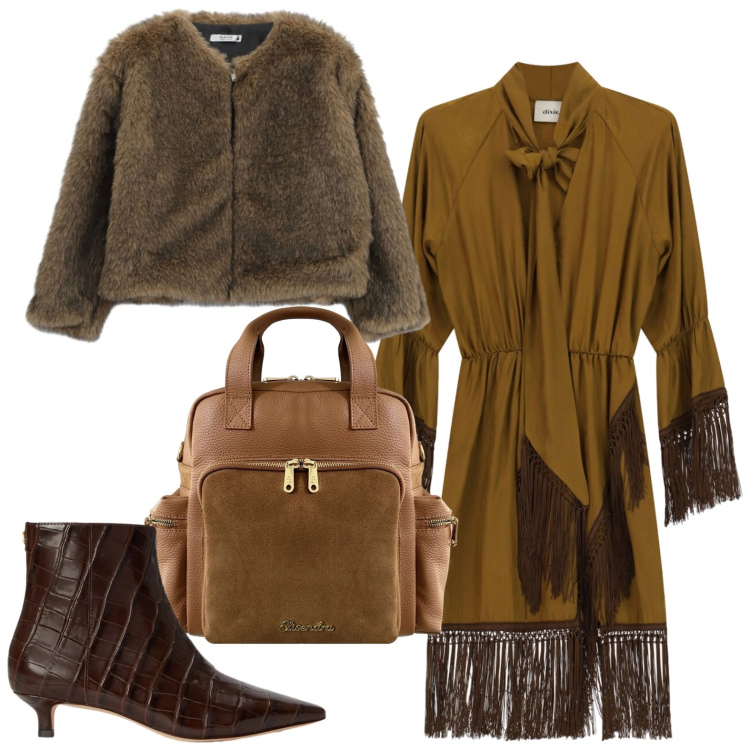 Outfit donna - Eco-fur corta. Stile Casual per Tutti i giorni. Abbinamento con vestiti corti, blazer, zaini, stivaletti.