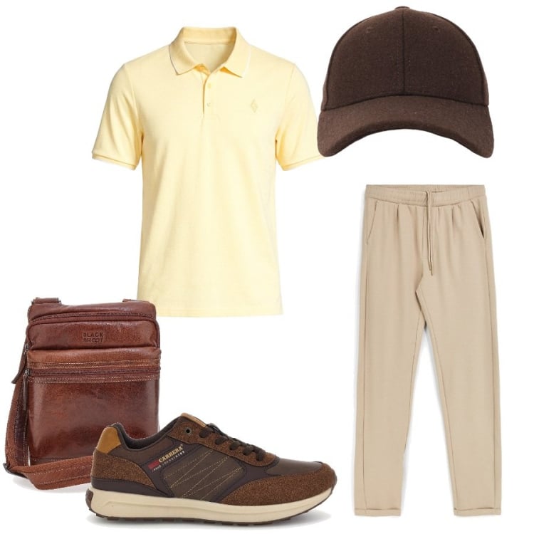 Outfit uomo - Total look #2465579. Stile Casual per Tutti i giorni. Abbinamento con cappelli con visiera, borse sportive, pantaloni, polo, sneakers.