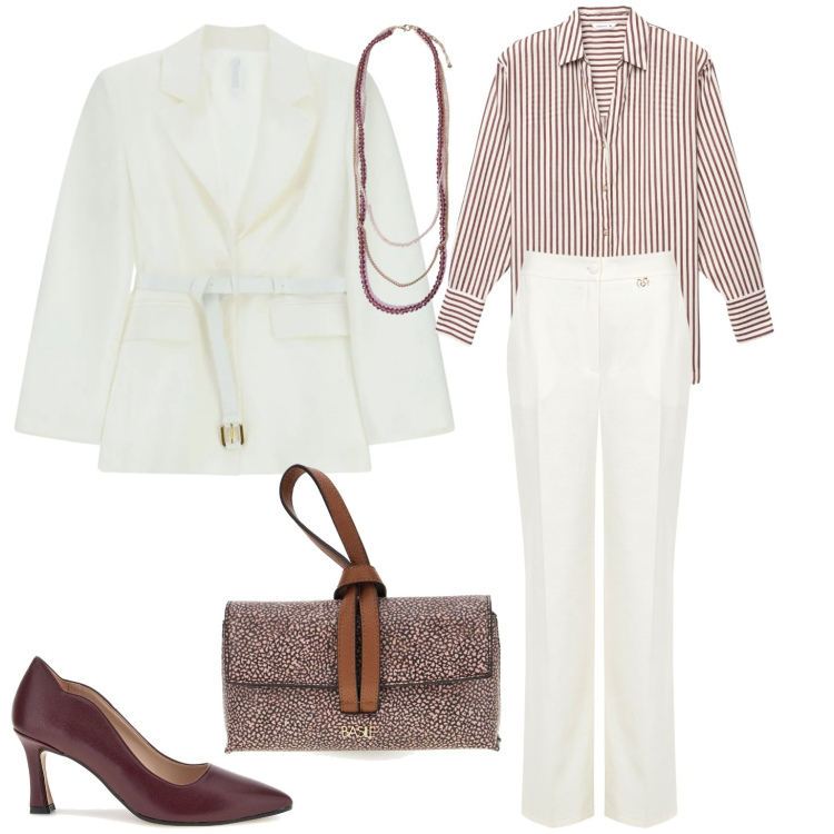 Outfit donna - Back to office. Stile Bon Ton per Ufficio. Abbinamento con pantaloni a palazzo, blazer, camicie, collane, borse a tracolla, décolleté.
