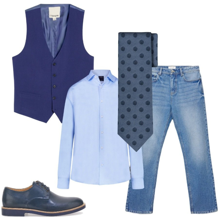 Outfit uomo - Total look #2465589. Stile Casual per Tutti i giorni. Abbinamento con gilet, jeans dritti, camicie, cravatte, scarpe stringate.