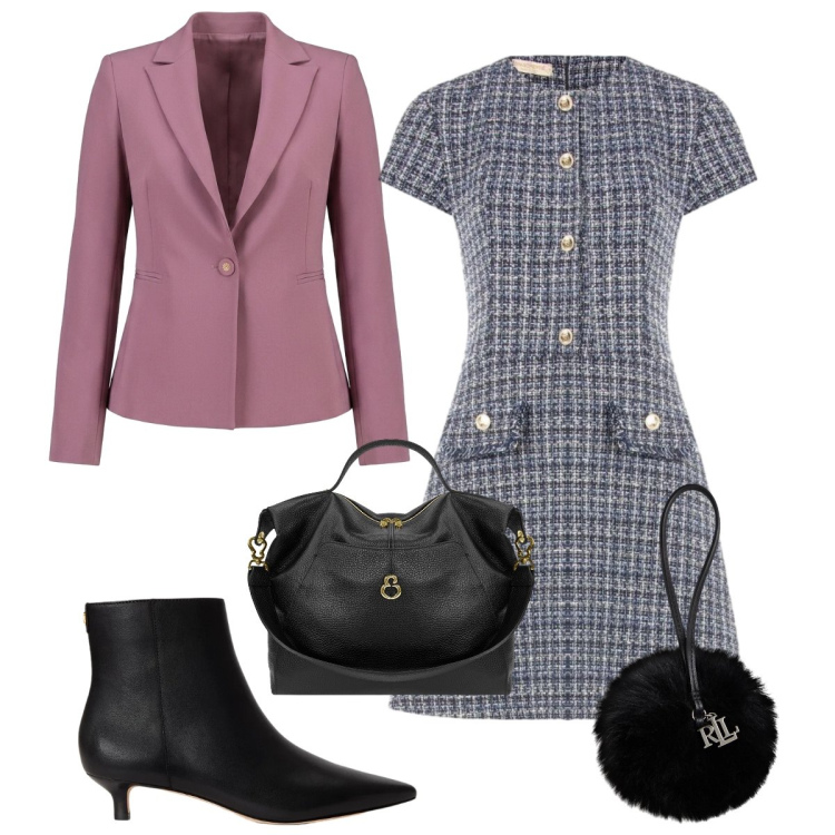 Outfit donna - Fall collection. Stile Bon Ton per Tutti i giorni. Abbinamento con vestiti corti, blazer, borse a spalla, stivaletti, portachiavi.