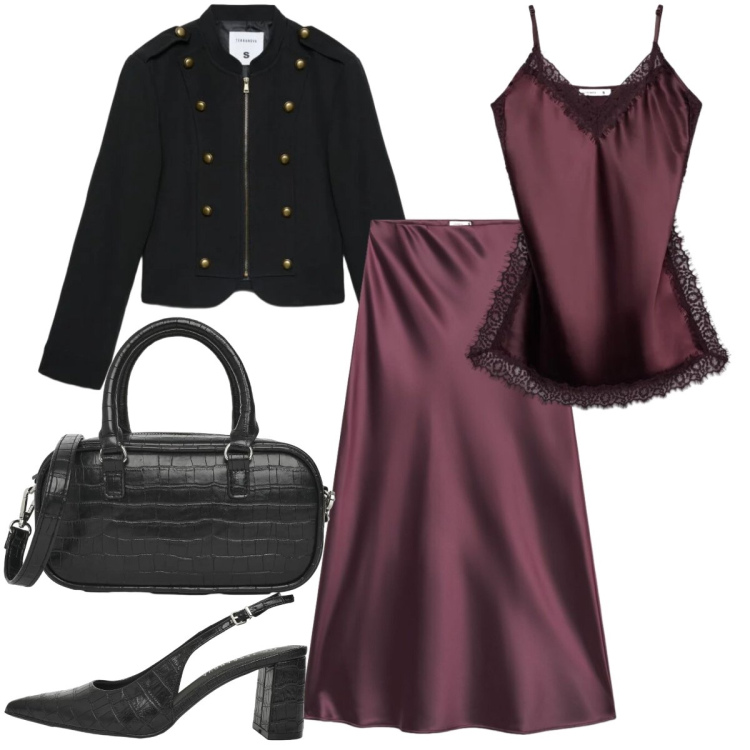 Outfit donna - Bordeaux e nero per la sera. Stile Chic per Serata fuori. Abbinamento con top, gonne lunghe, blazer, décolleté, borse a tracolla.
