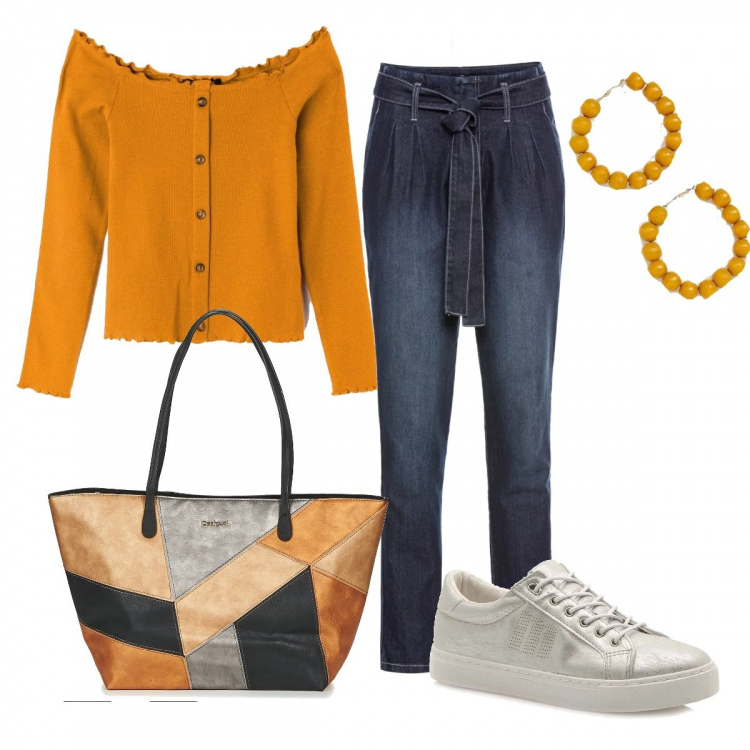 Outfit donna - Ocra mania. Stile Trendy per Tutti i giorni. Abbinamento con pantaloni, t-shirt con bottoni giallo, borsa capri beige, sneakers con punta tonda argento, orecchini con perline a scatto in denim oro.
